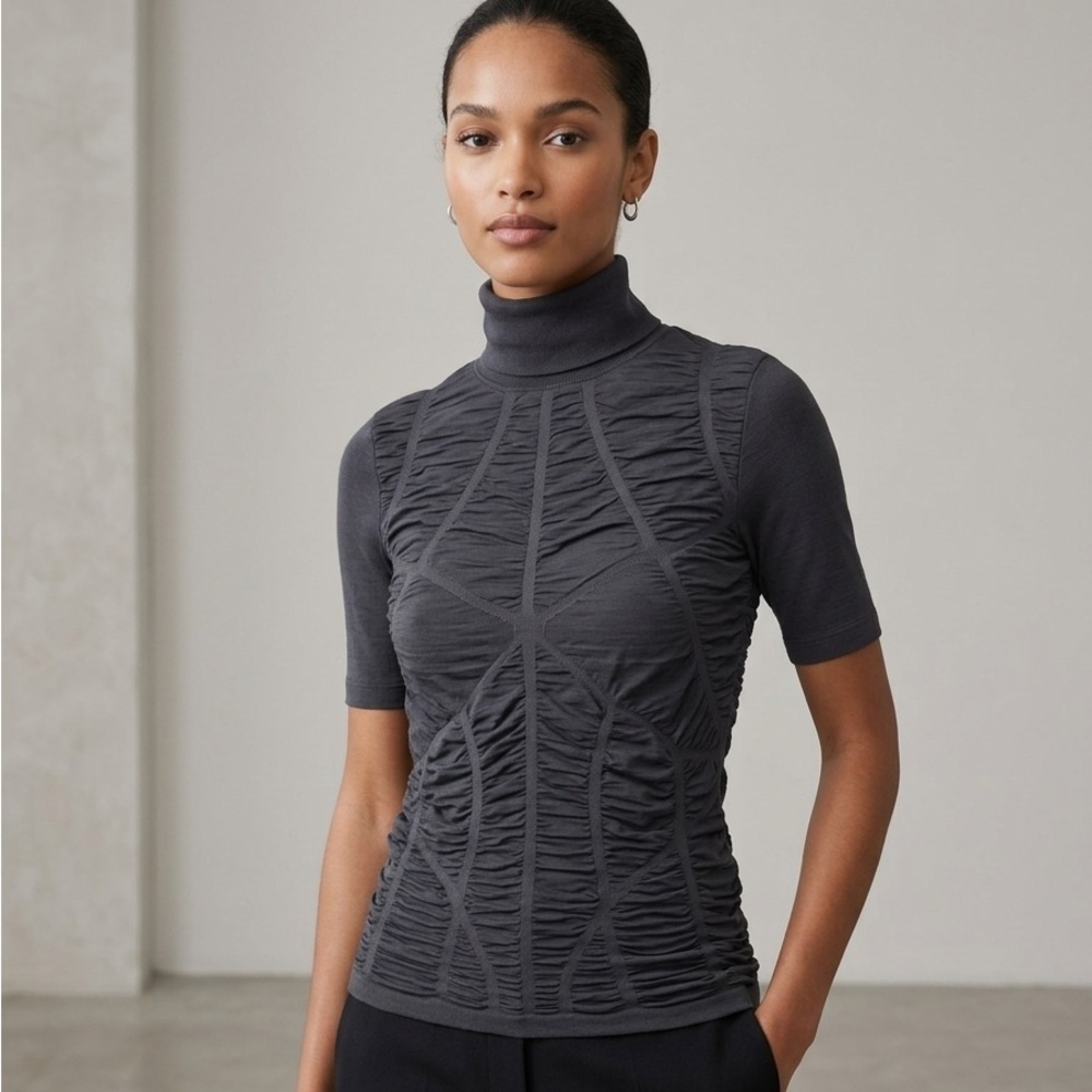 WOLFORD Wool Blwnd Turtleneck Short Sleeve Textured Top (16)